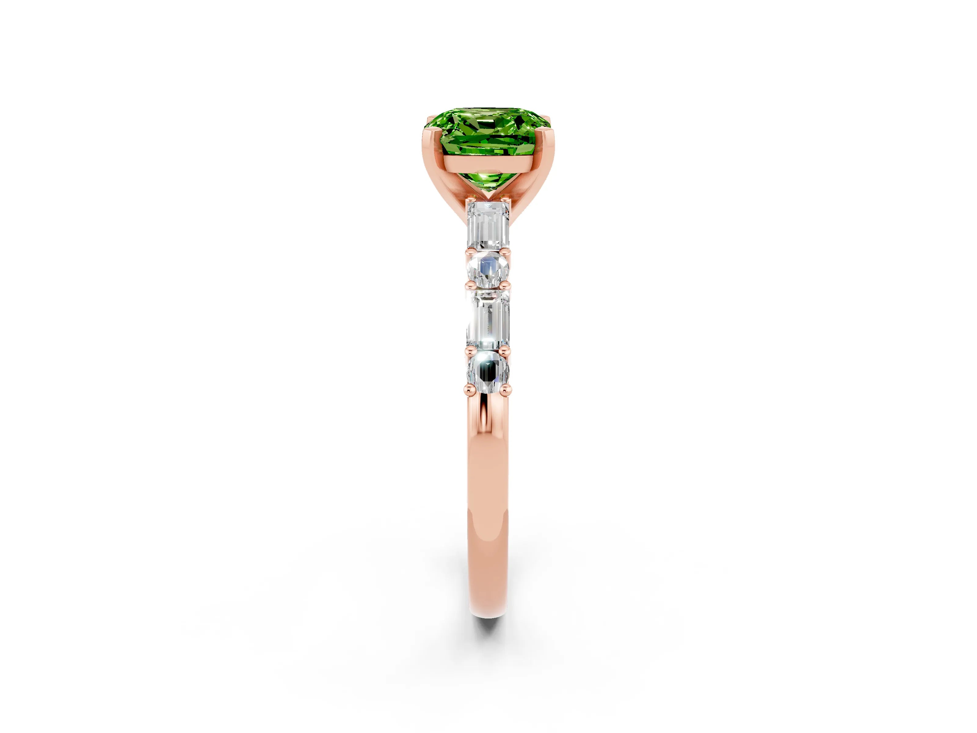 Rose gold Cushion Cut Peridot Solitaire with Side Baguettes and Channel Set Band_2