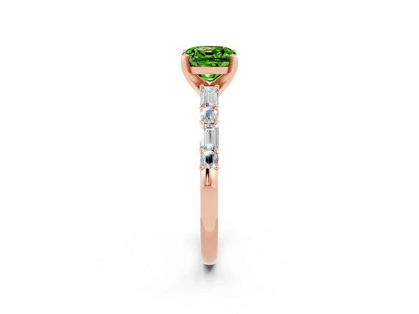 Rose gold Cushion Cut Peridot Solitaire with Side Baguettes and Channel Set Band