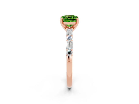 Rose gold Cushion Cut Peridot Solitaire with Side Baguettes and Channel Set Band_2