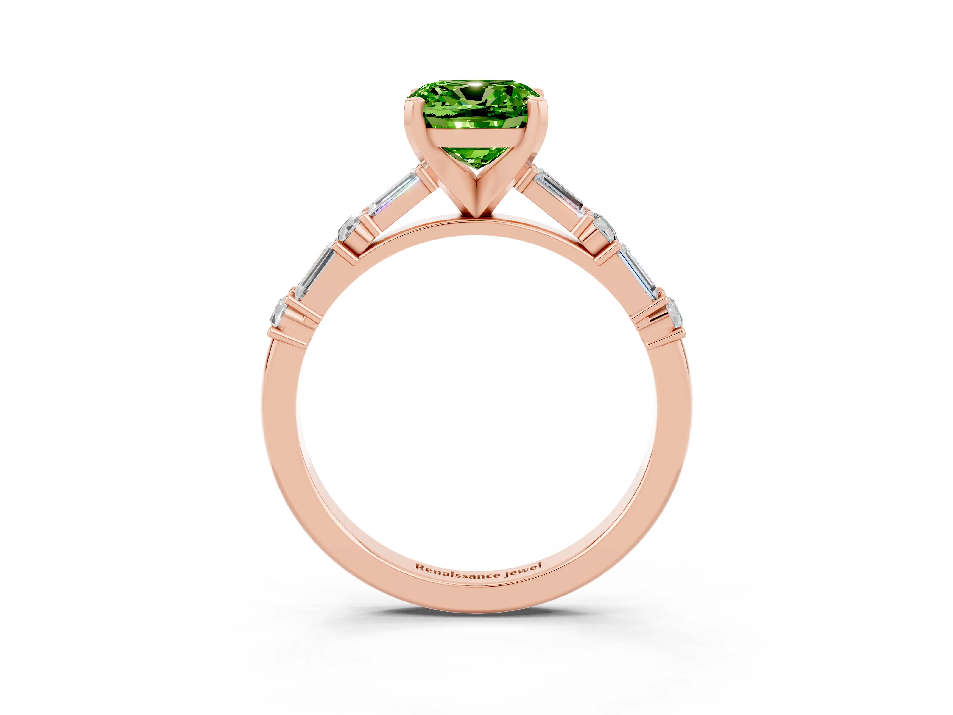 Rose gold Cushion Cut Peridot Solitaire with Side Baguettes and Channel Set Band_3