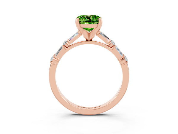 Rose gold Cushion Cut Peridot Solitaire with Side Baguettes and Channel Set Band