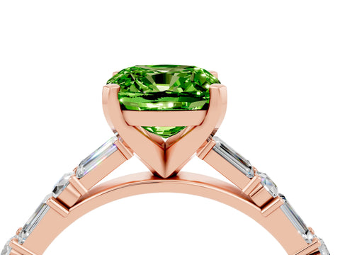 Rose gold Cushion Cut Peridot Solitaire with Side Baguettes and Channel Set Band_4