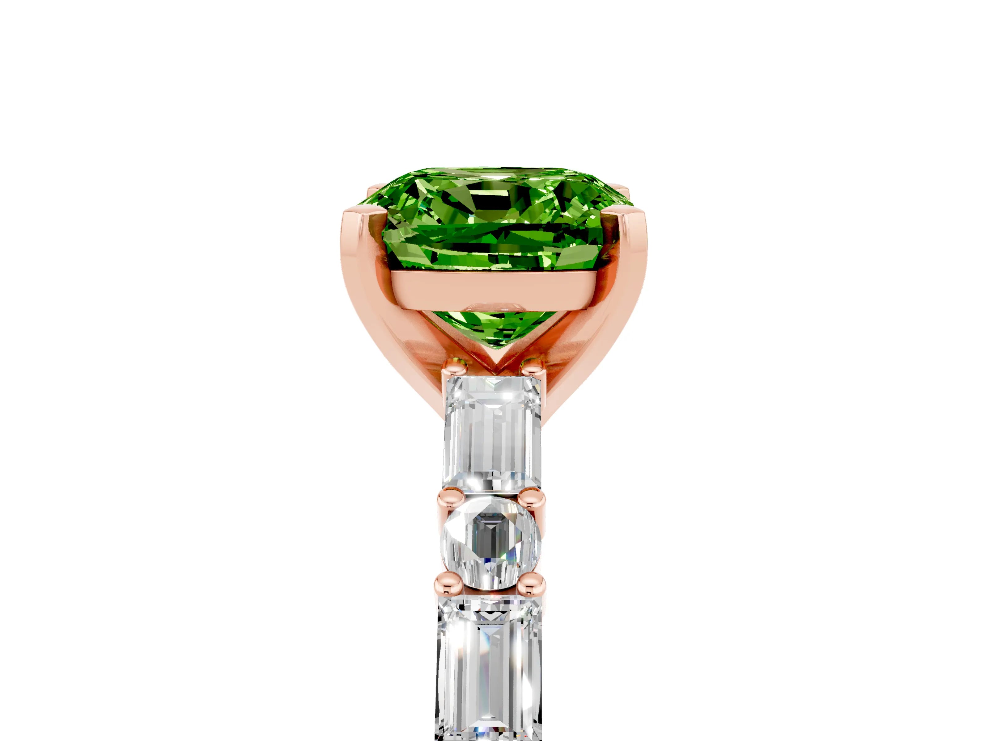 Rose gold Cushion Cut Peridot Solitaire with Side Baguettes and Channel Set Band_5