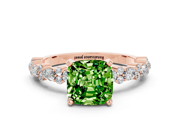 Rose gold Cushion Cut Peridot Side Stone Solitaire Ring with Round  and Four-Prong Setting