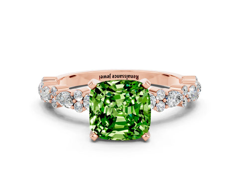 Rose gold Cushion Cut Peridot Solitaire with Side Stones, Pave Band, Four-Prong Setting_36