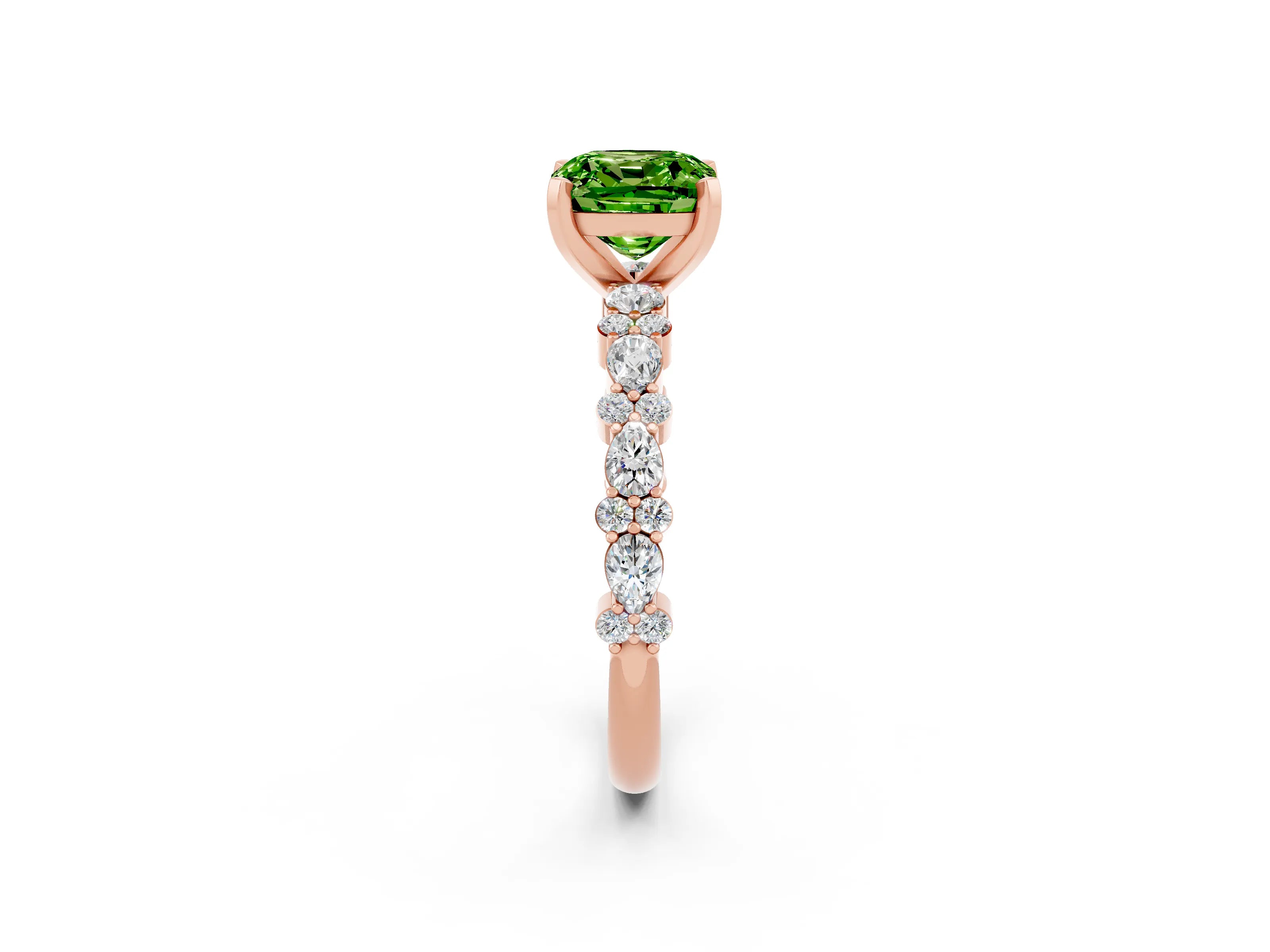 Rose gold Cushion Cut Peridot Solitaire with Side Stones, Pave Band, Four-Prong Setting_38