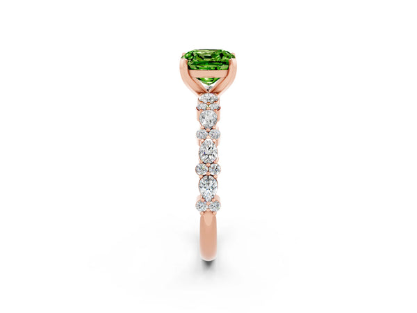 Rose gold Cushion Cut Peridot Side Stone Solitaire Ring with Round  and Four-Prong Setting