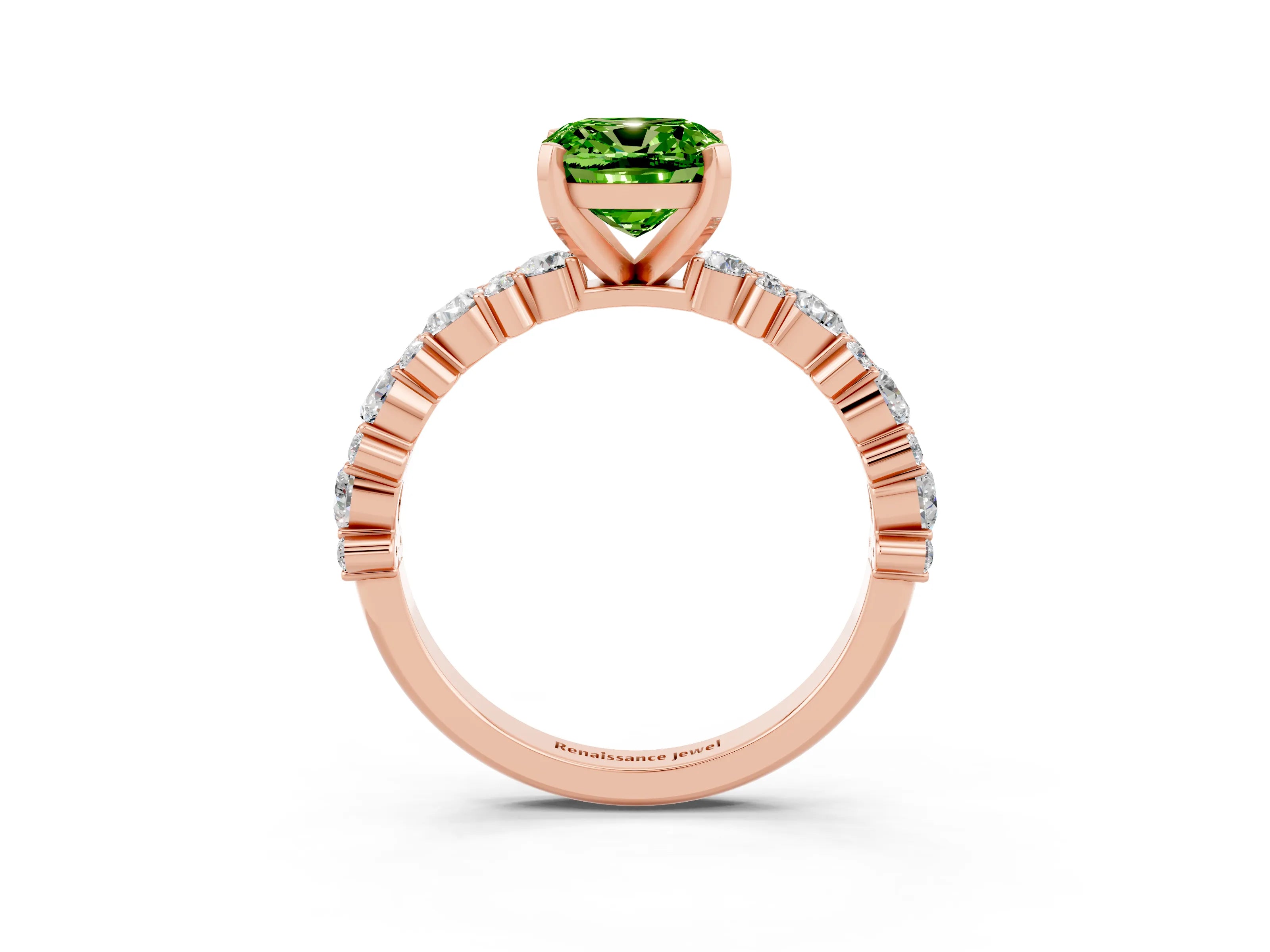 Rose gold Cushion Cut Peridot Solitaire with Side Stones, Pave Band, Four-Prong Setting_39