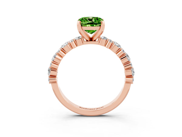 Rose gold Cushion Cut Peridot Side Stone Solitaire Ring with Round  and Four-Prong Setting