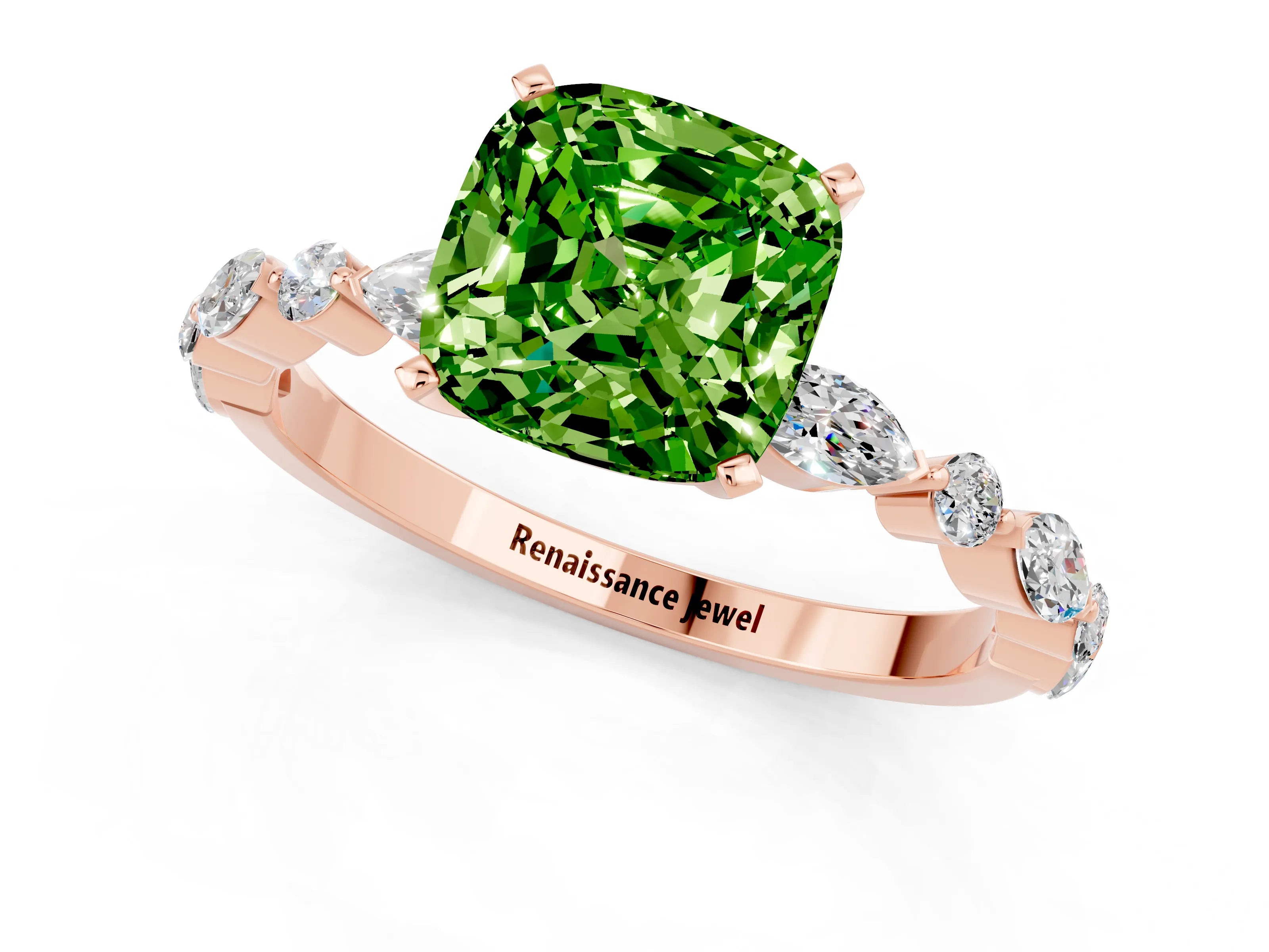 Rose gold Cushion Cut Peridot Solitaire with Side Stones on a Pavé Band and Four-Prong Setting_1