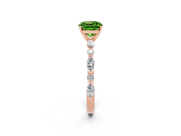 Rose gold Cushion Cut Peridot Ring with Marquise and Round  Side Stones and Four-Prong Setting