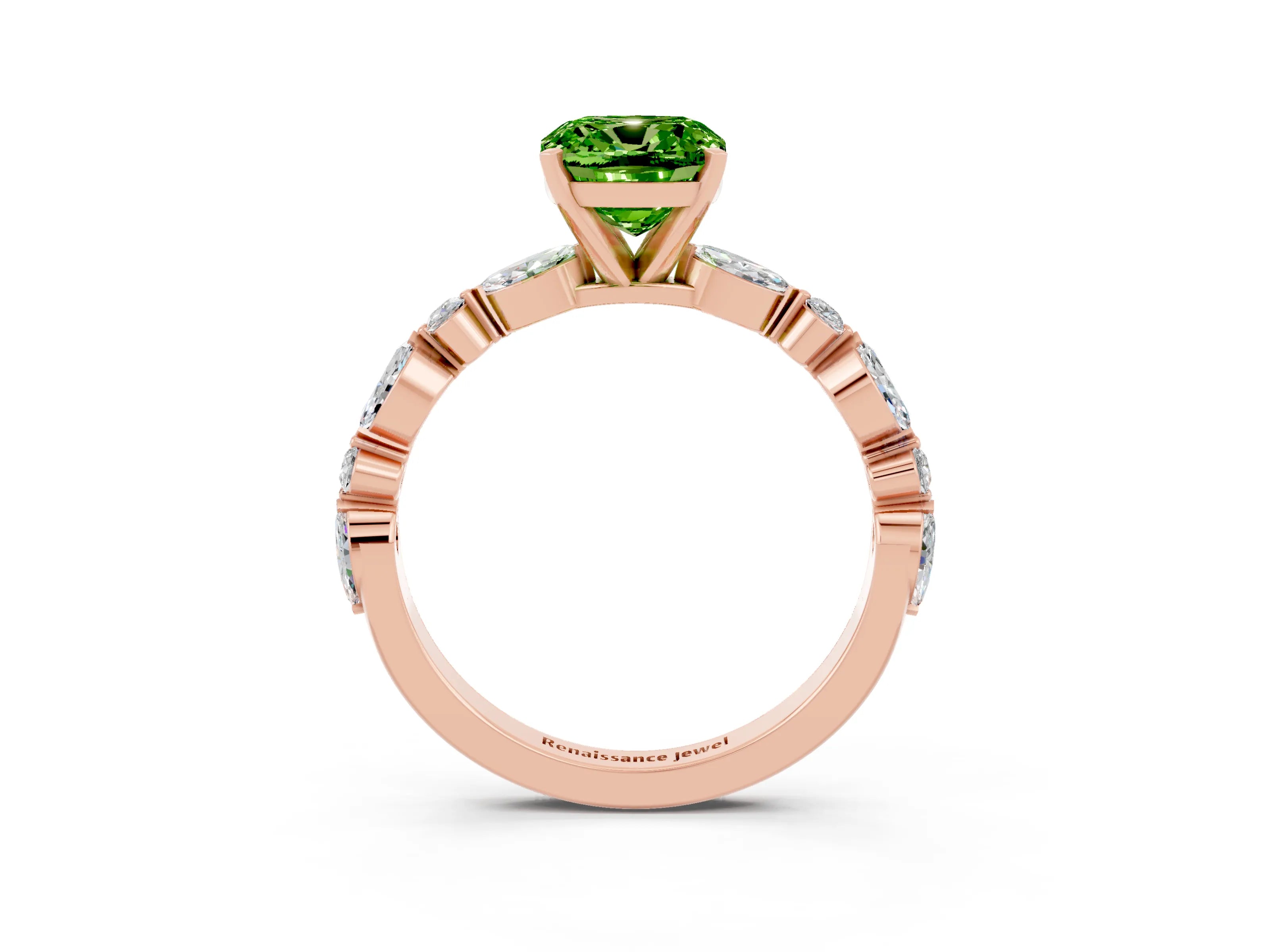 Rose gold Cushion Cut Peridot Solitaire with Side Stones on a Pavé Band and Four-Prong Setting_3