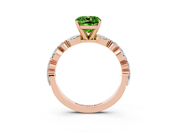 Rose gold Cushion Cut Peridot Ring with Marquise and Round  Side Stones and Four-Prong Setting