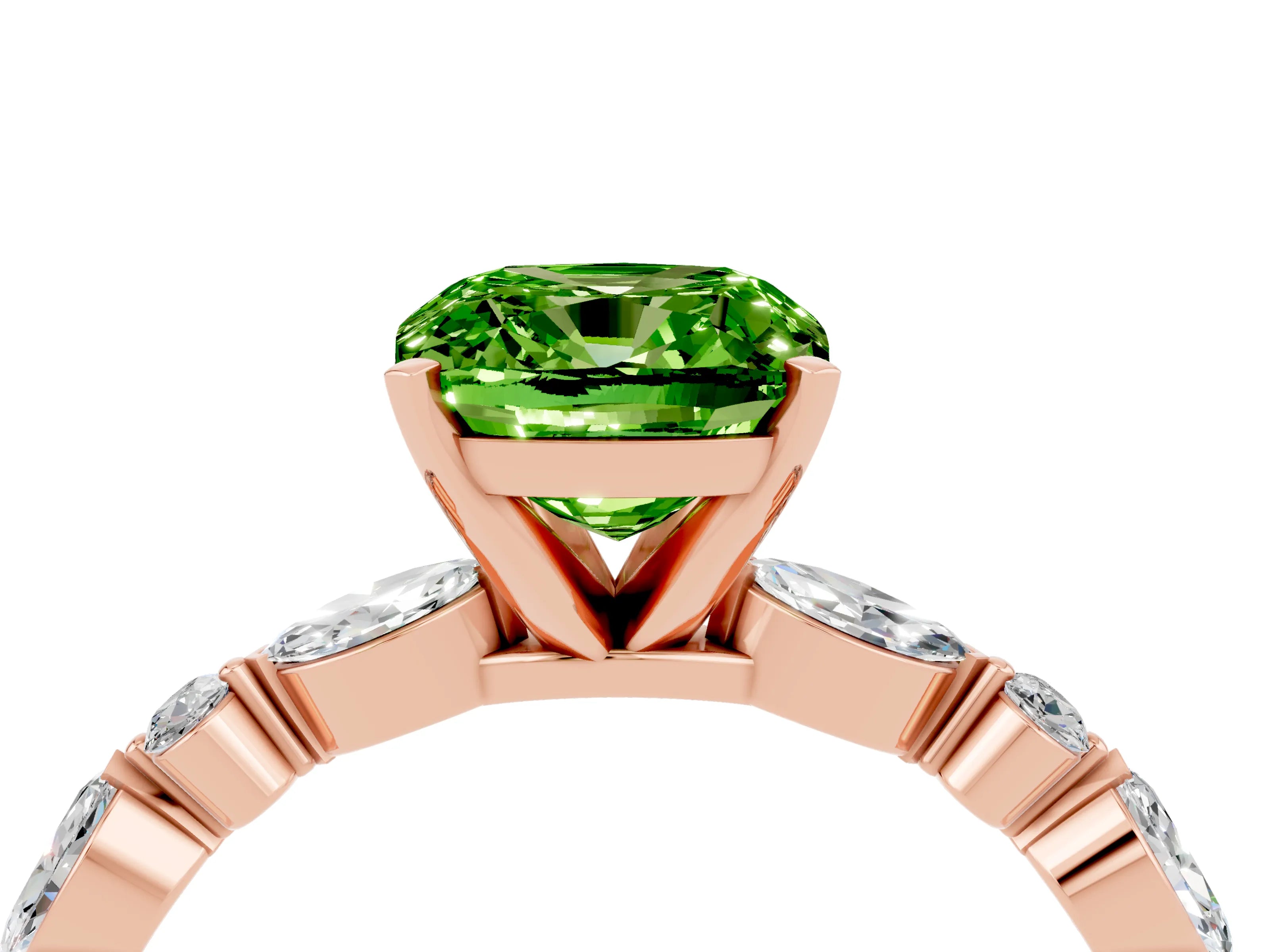 Rose gold Cushion Cut Peridot Solitaire with Side Stones on a Pavé Band and Four-Prong Setting_4