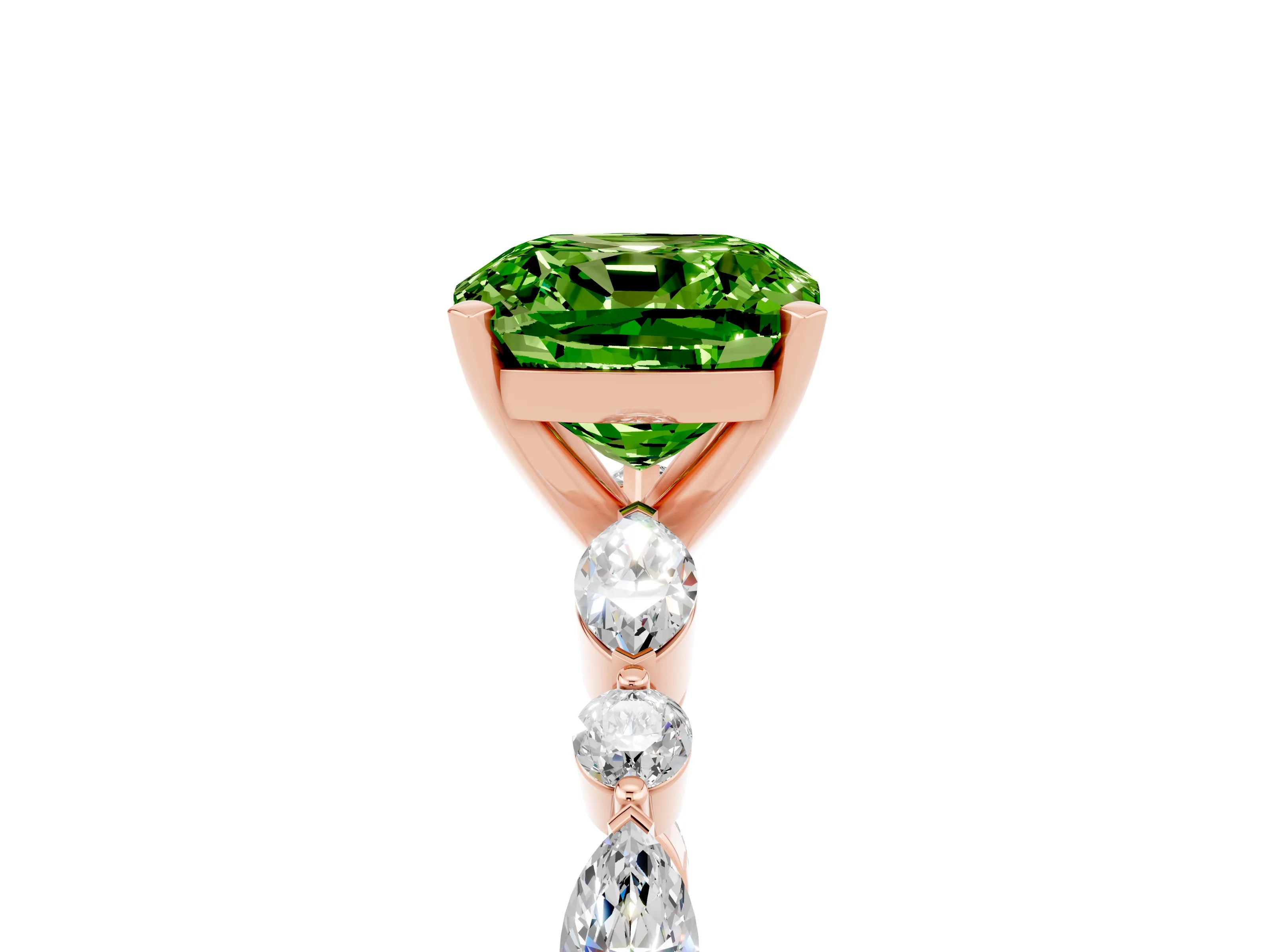 Rose gold Cushion Cut Peridot Solitaire with Side Stones on a Pavé Band and Four-Prong Setting_5