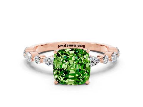 Rose gold Cushion Cut Peridot Solitaire with Side Stones on a Pavé Band and Four-Prong Setting