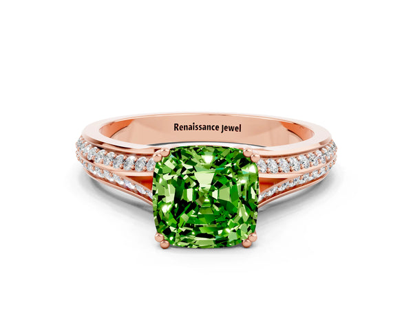 Rose gold Cushion Cut Peridot Split Shank Engagement Ring with Pavé Band