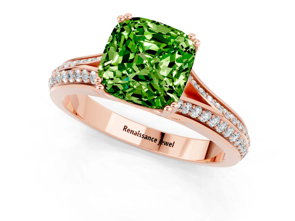 Rose gold Cushion Cut Peridot Split Shank Engagement Ring with Pavé Band