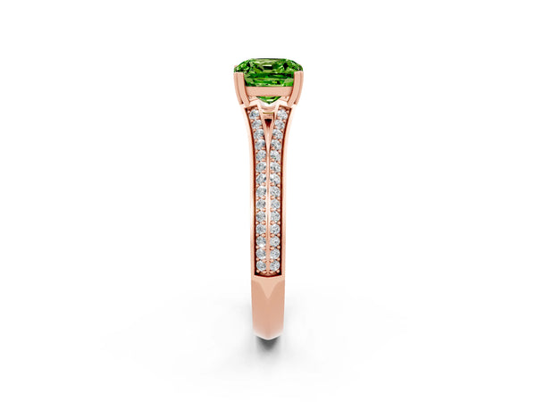Rose gold Cushion Cut Peridot Split Shank Engagement Ring with Pavé Band