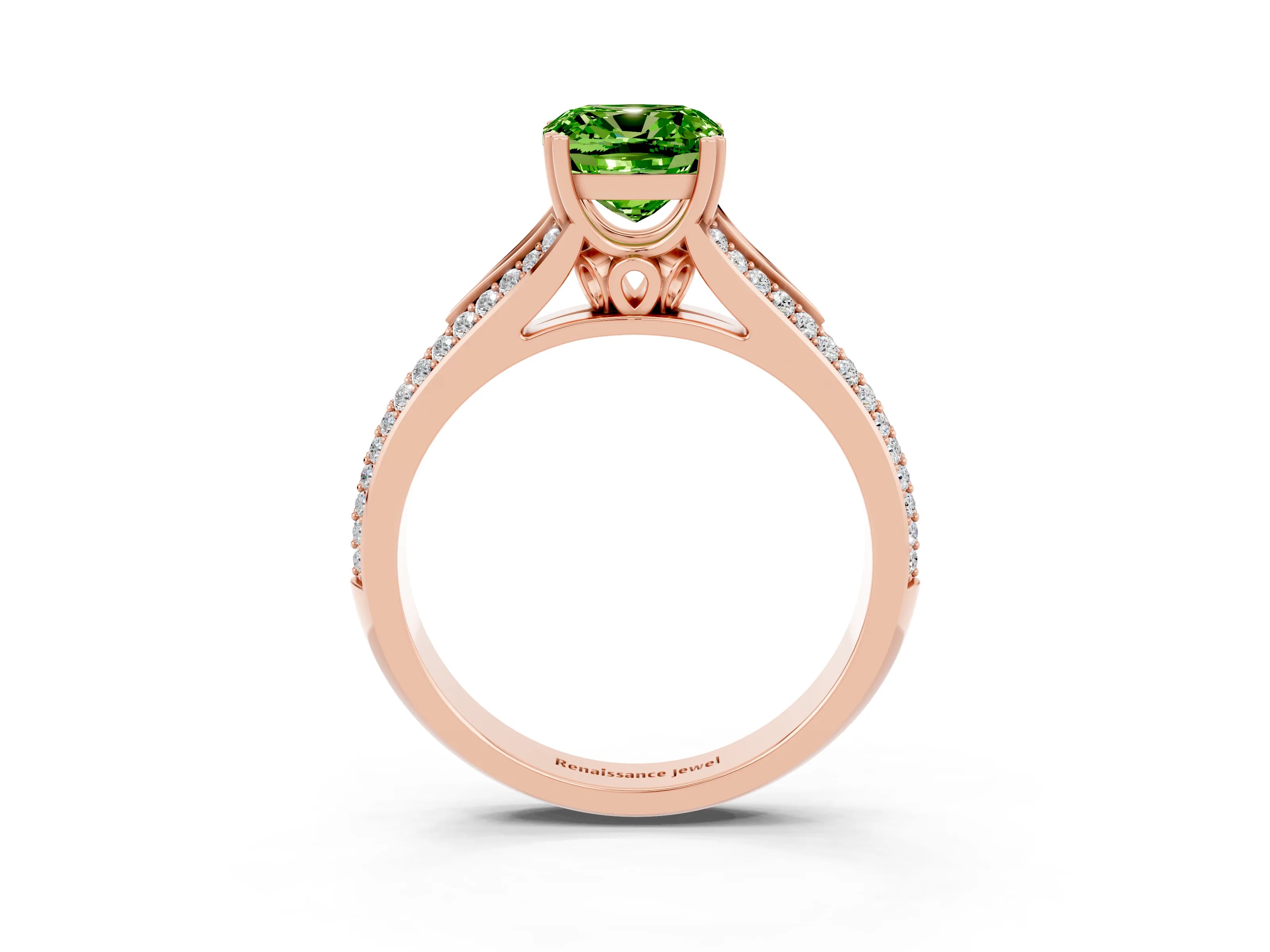 Rose gold Cushion Cut Peridot Split Shank Engagement Ring with Pavé Band_3