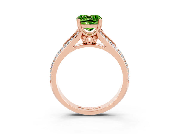Rose gold Cushion Cut Peridot Split Shank Engagement Ring with Pavé Band