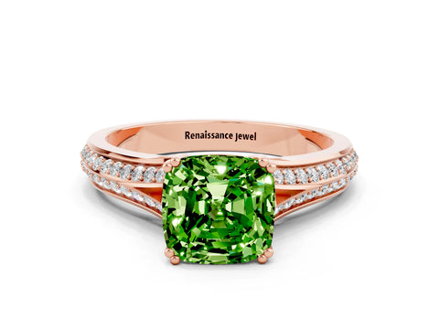 Rose gold Cushion Cut Peridot Split Shank Engagement Ring with Pavé Band