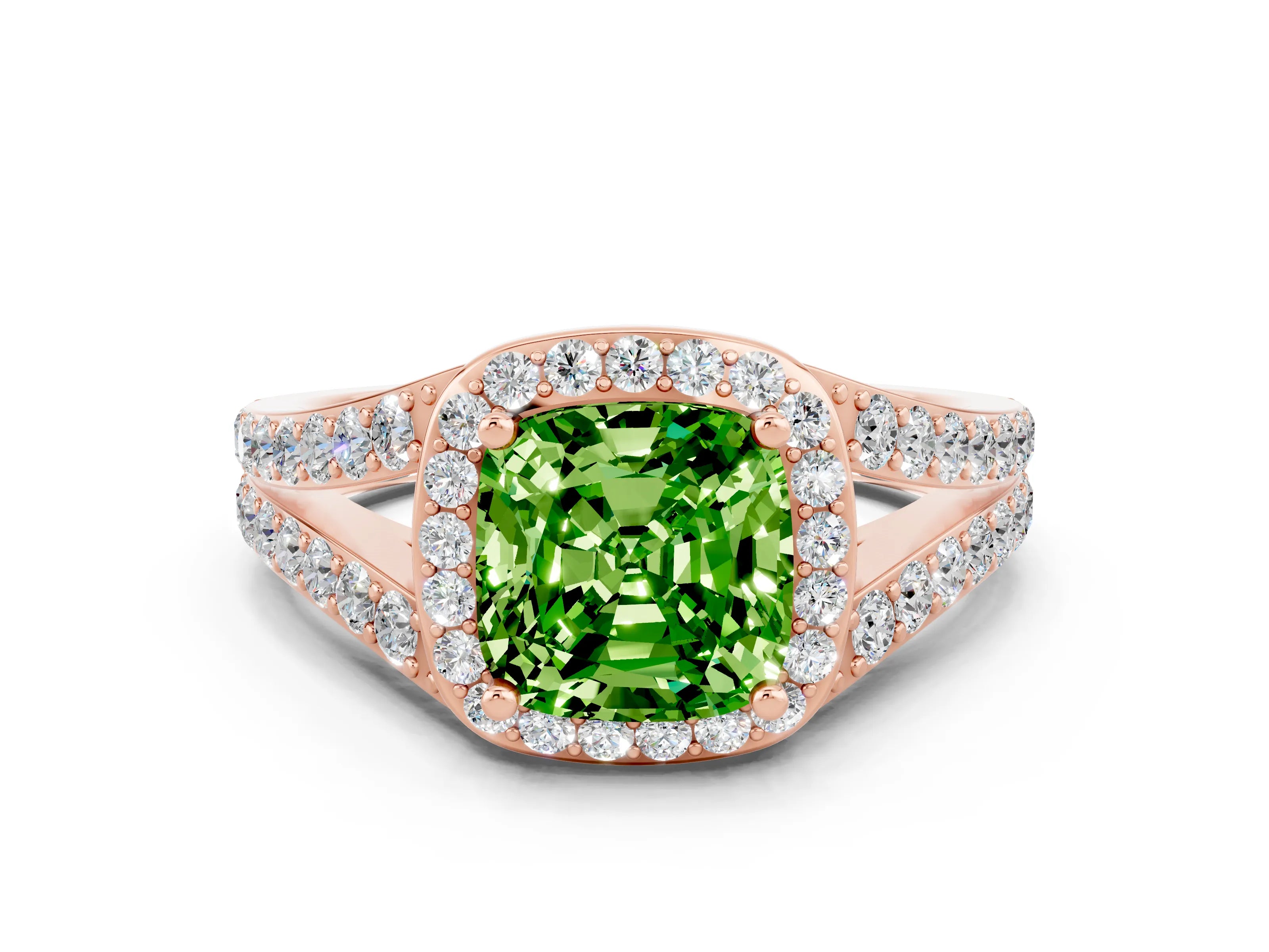 Rose gold Cushion Cut Peridot Split Shank Halo Ring with Four-Prong Setting_12