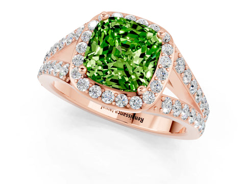 Rose gold Cushion Cut Peridot Split Shank Halo Ring with Four-Prong Setting_13