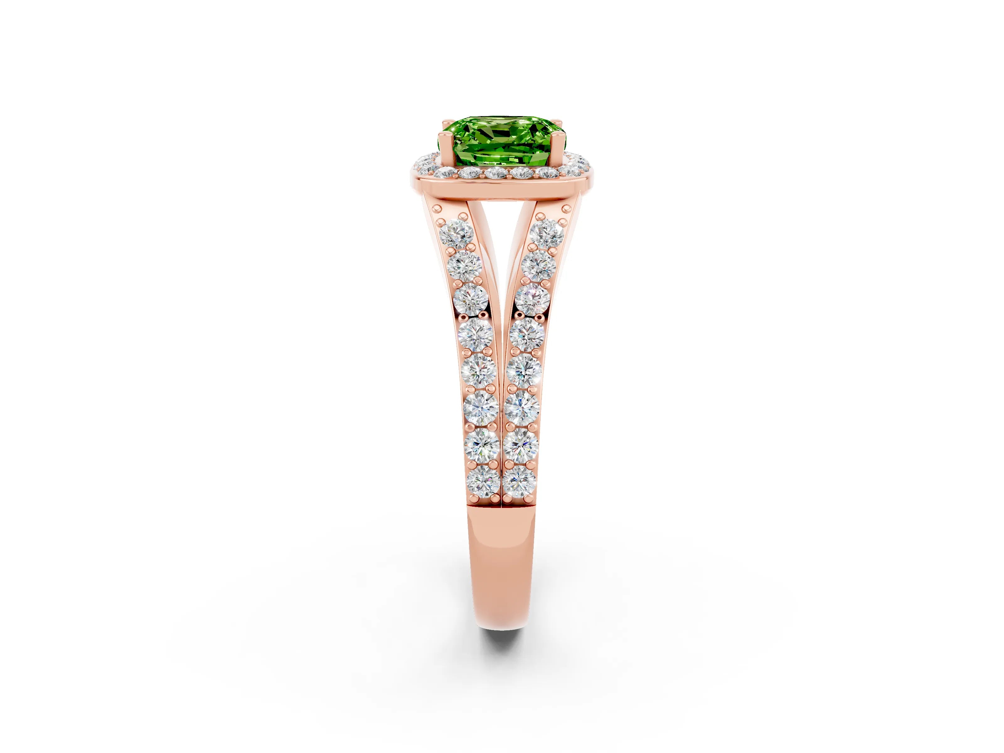 Rose gold Cushion Cut Peridot Split Shank Halo Ring with Four-Prong Setting_14