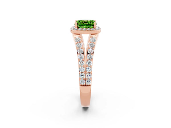 Rose gold Cushion Cut Peridot Split Shank Halo Ring with Four-Prong Setting