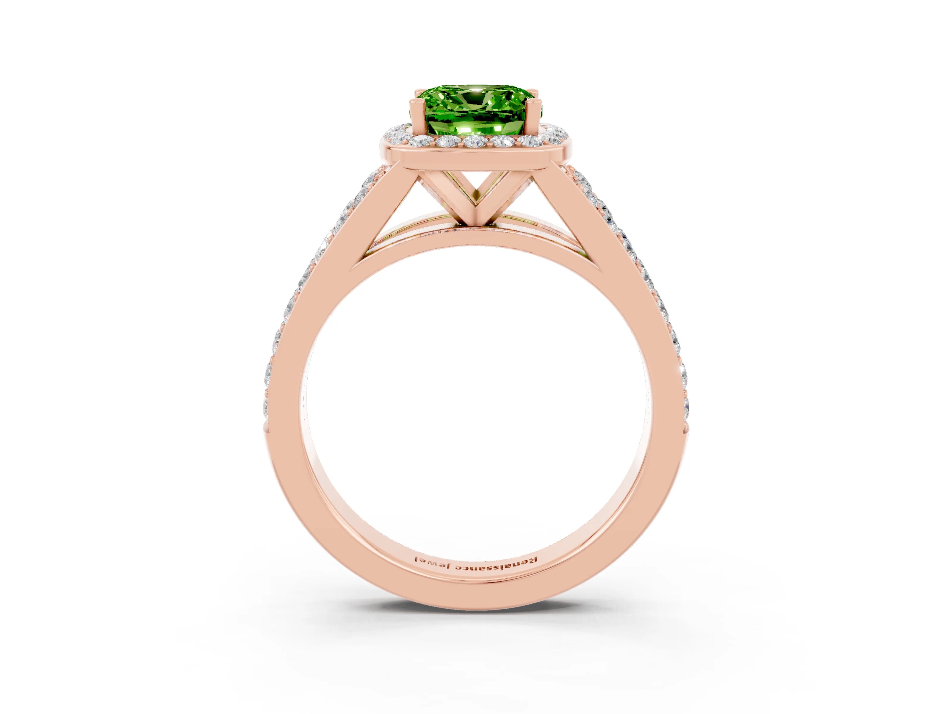 Rose gold Cushion Cut Peridot Split Shank Halo Ring with Four-Prong Setting_15