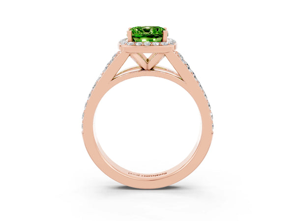 Rose gold Cushion Cut Peridot Split Shank Halo Ring with Four-Prong Setting