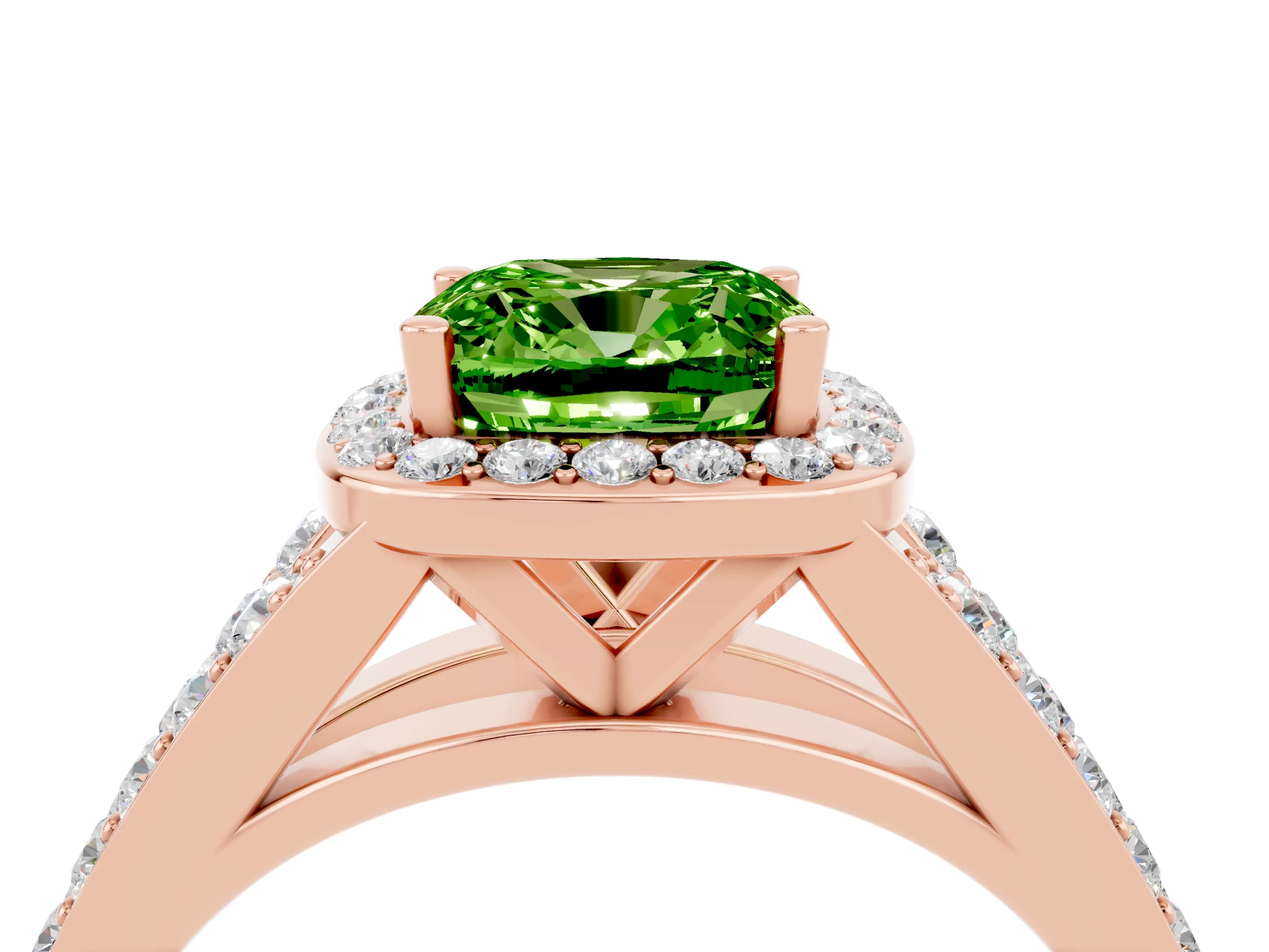Rose gold Cushion Cut Peridot Split Shank Halo Ring with Four-Prong Setting_16