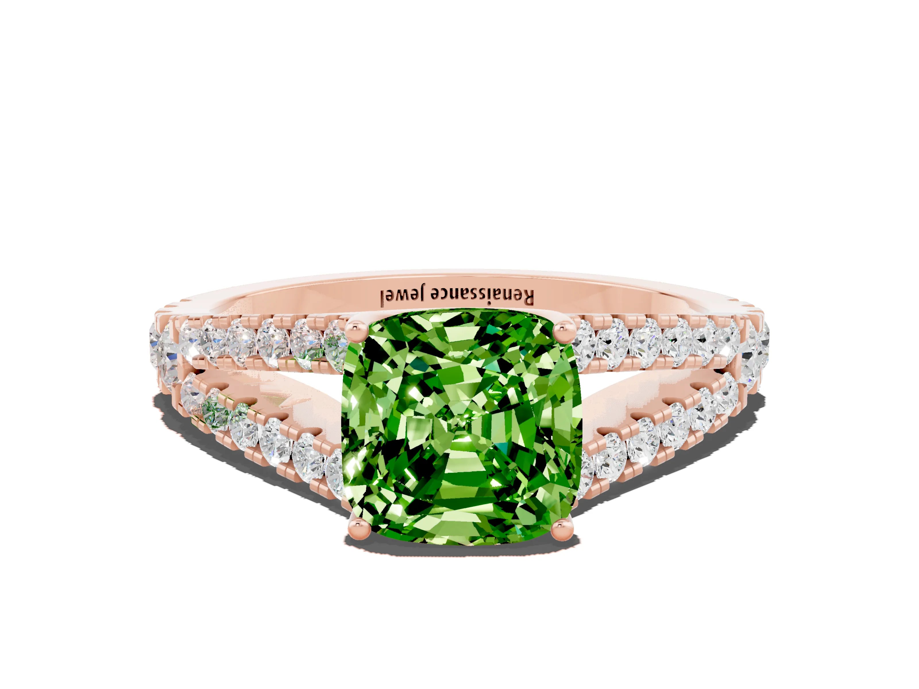 Rose gold Cushion Cut Peridot Split Shank Pavé Engagement Ring with Four-Prong Setting_12