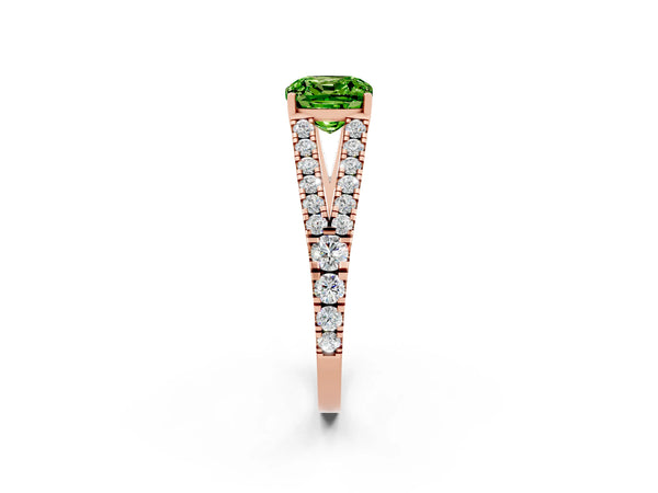 Rose gold Cushion Cut Peridot Split Shank Pavé Engagement Ring with Four-Prong Setting