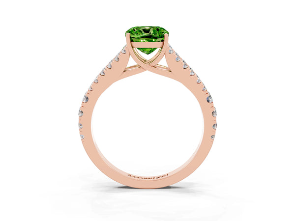 Rose gold Cushion Cut Peridot Split Shank Pavé Engagement Ring with Four-Prong Setting