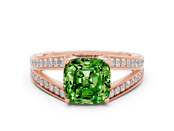 Rose gold Cushion Cut Peridot Split Shank Ring with Pavé Band and Four-Prong Setting