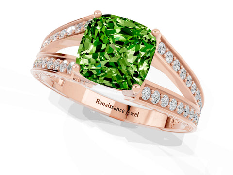 Rose gold Cushion Cut Peridot Split Shank Ring with Pavé Band and Four-Prong Setting_1