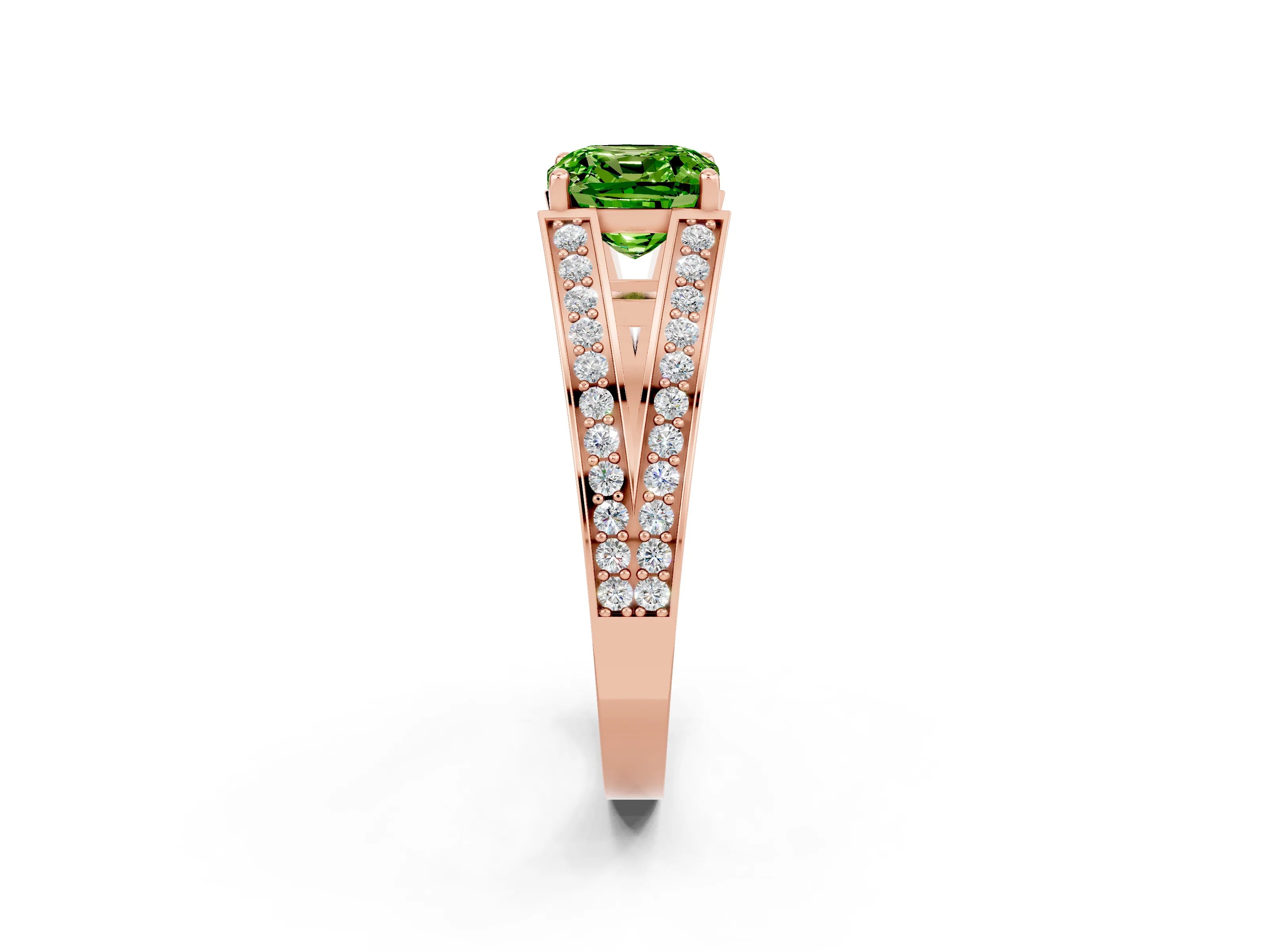Rose gold Cushion Cut Peridot Split Shank Ring with Pavé Band and Four-Prong Setting_2