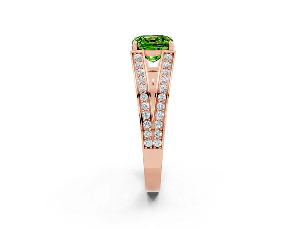 Rose gold Cushion Cut Peridot Split Shank Ring with Pavé Band and Four-Prong Setting
