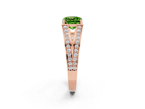Rose gold Cushion Cut Peridot Split Shank Ring with Pavé Band and Four-Prong Setting_2