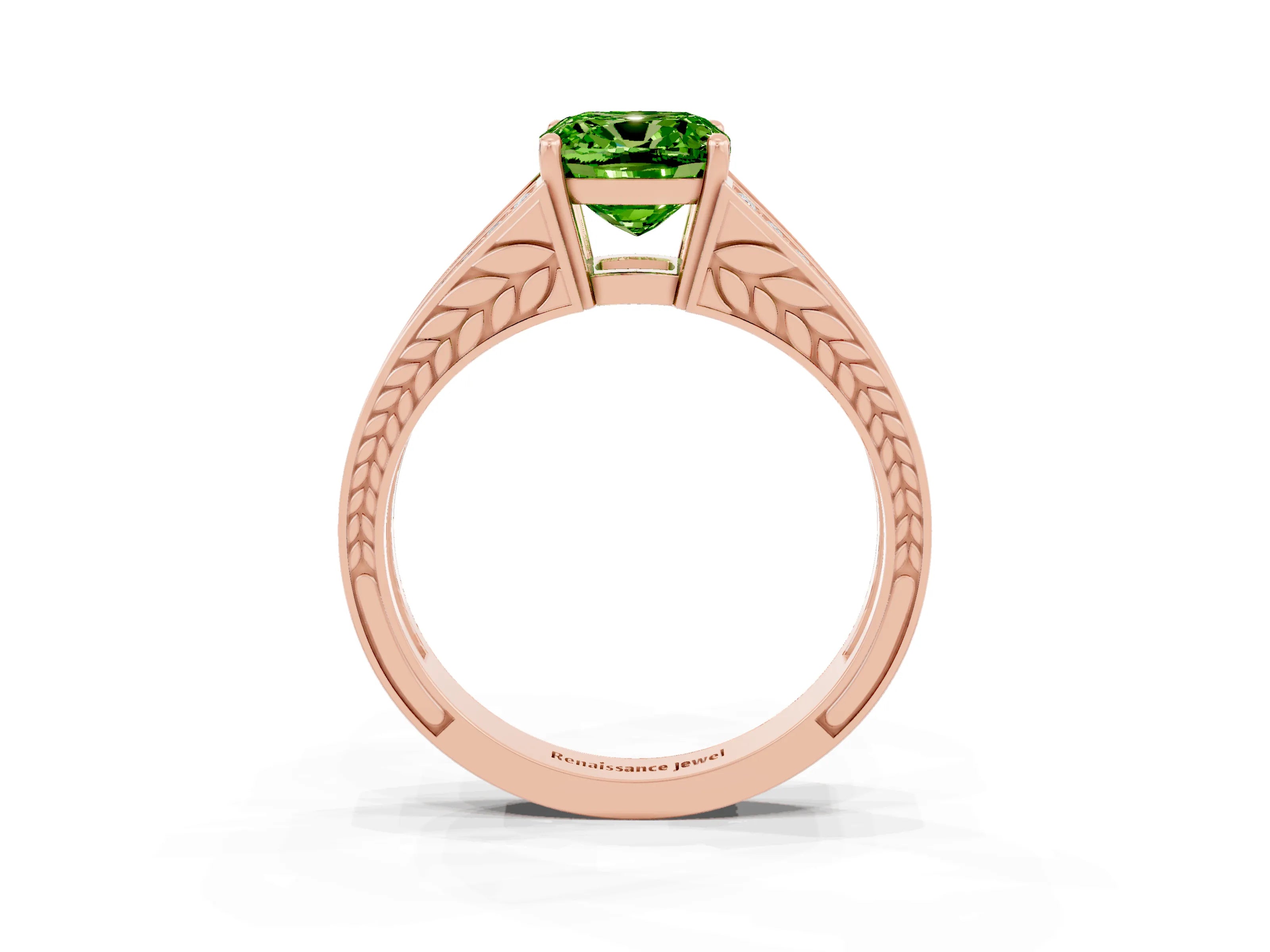 Rose gold Cushion Cut Peridot Split Shank Ring with Pavé Band and Four-Prong Setting_3