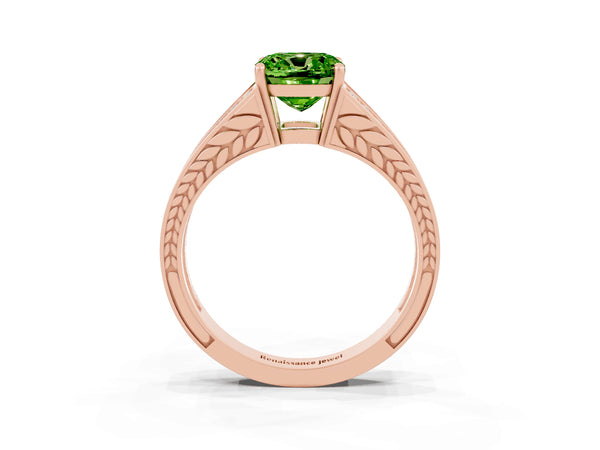Rose gold Cushion Cut Peridot Split Shank Ring with Pavé Band and Four-Prong Setting