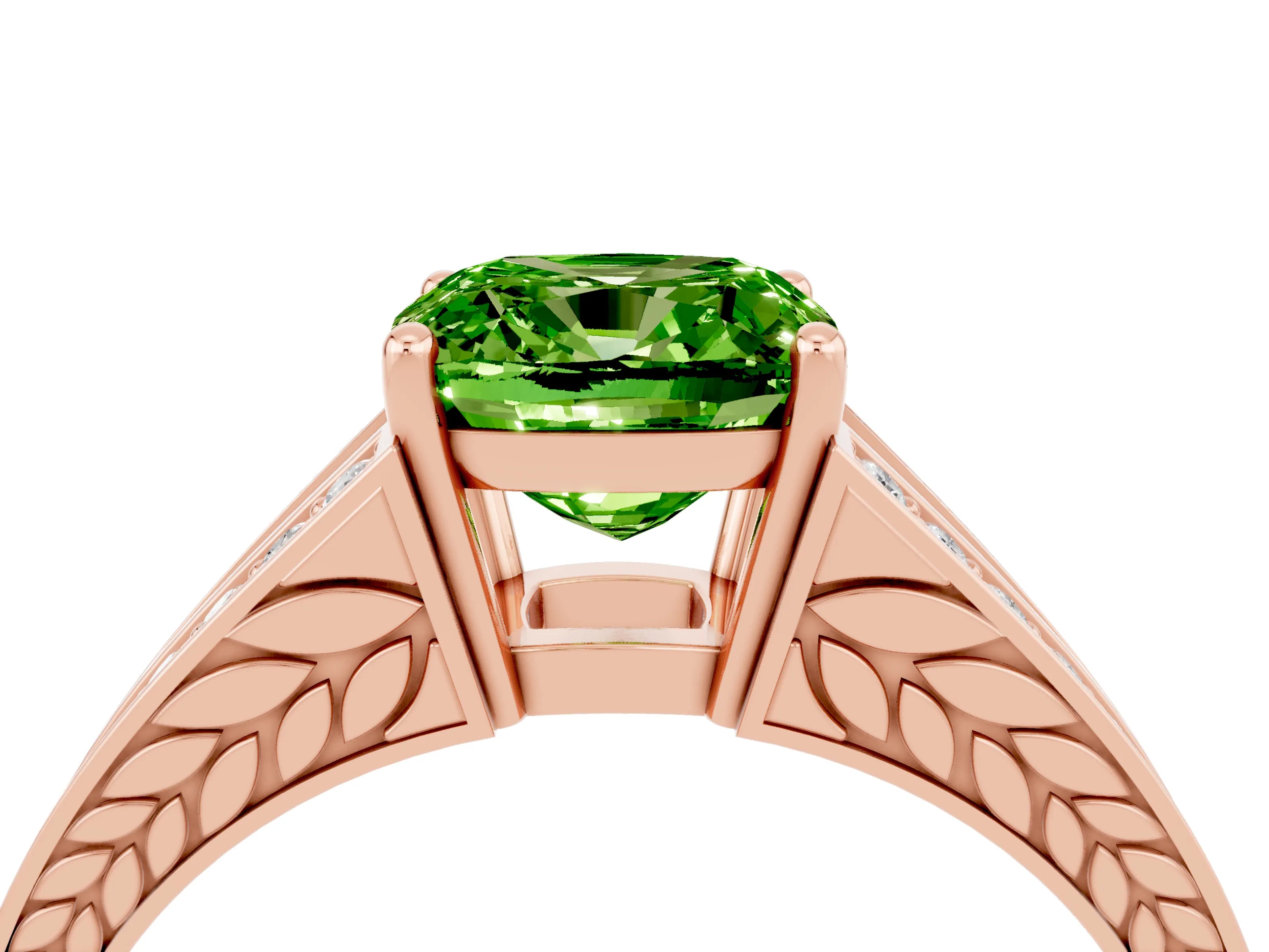 Rose gold Cushion Cut Peridot Split Shank Ring with Pavé Band and Four-Prong Setting_4