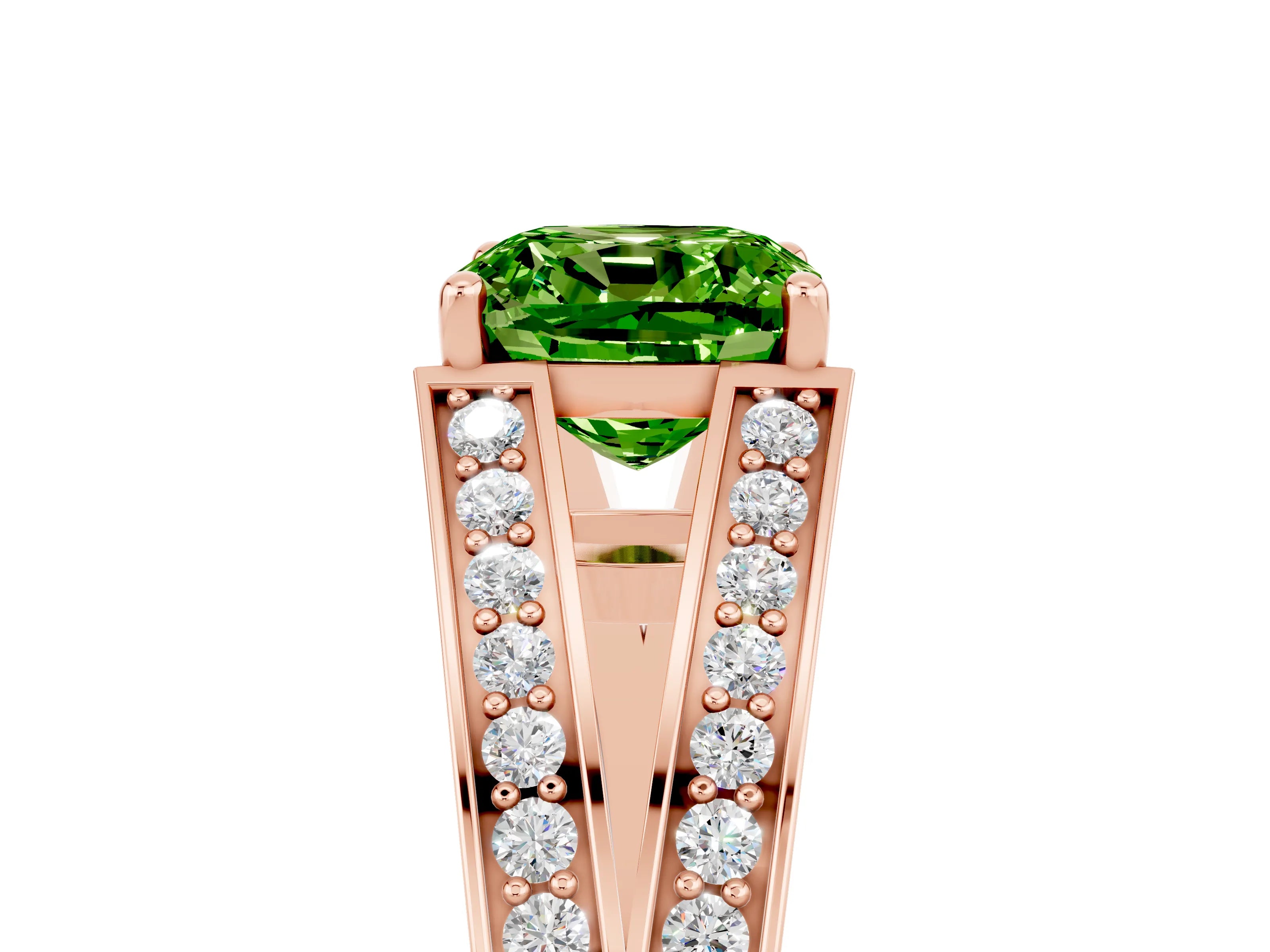 Rose gold Cushion Cut Peridot Split Shank Ring with Pavé Band and Four-Prong Setting_5