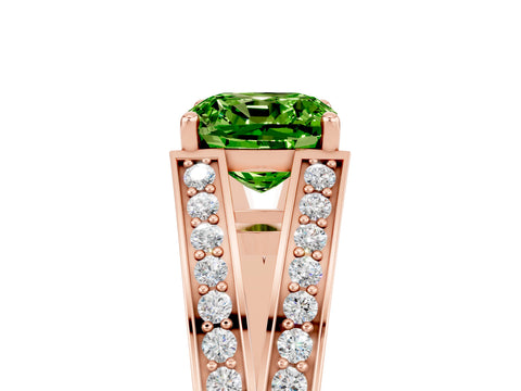 Rose gold Cushion Cut Peridot Split Shank Ring with Pavé Band and Four-Prong Setting_5