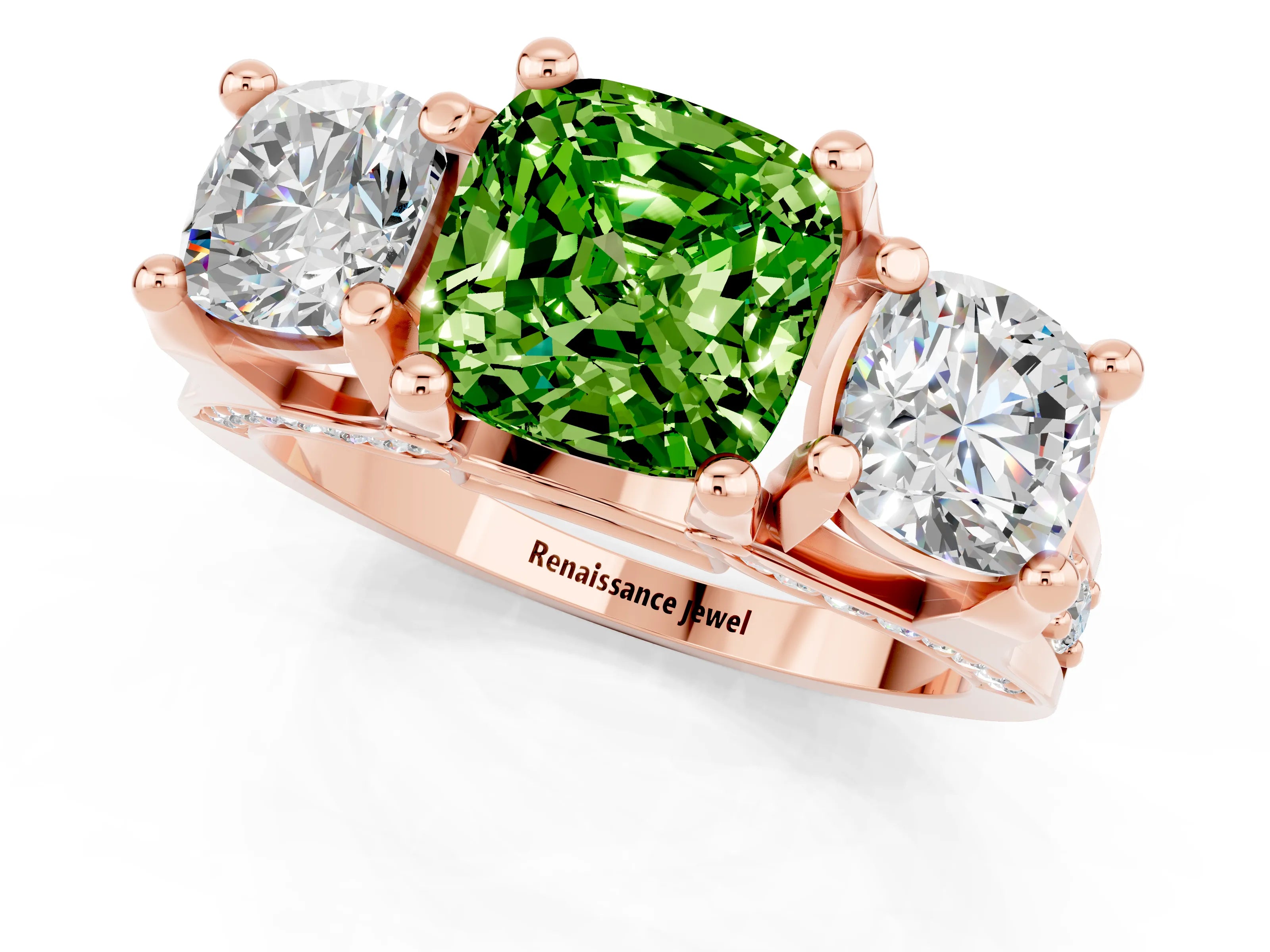Rose gold Cushion Cut Peridot Three-Stone Ring with Channel Set Band and Four-Prong Setting_1