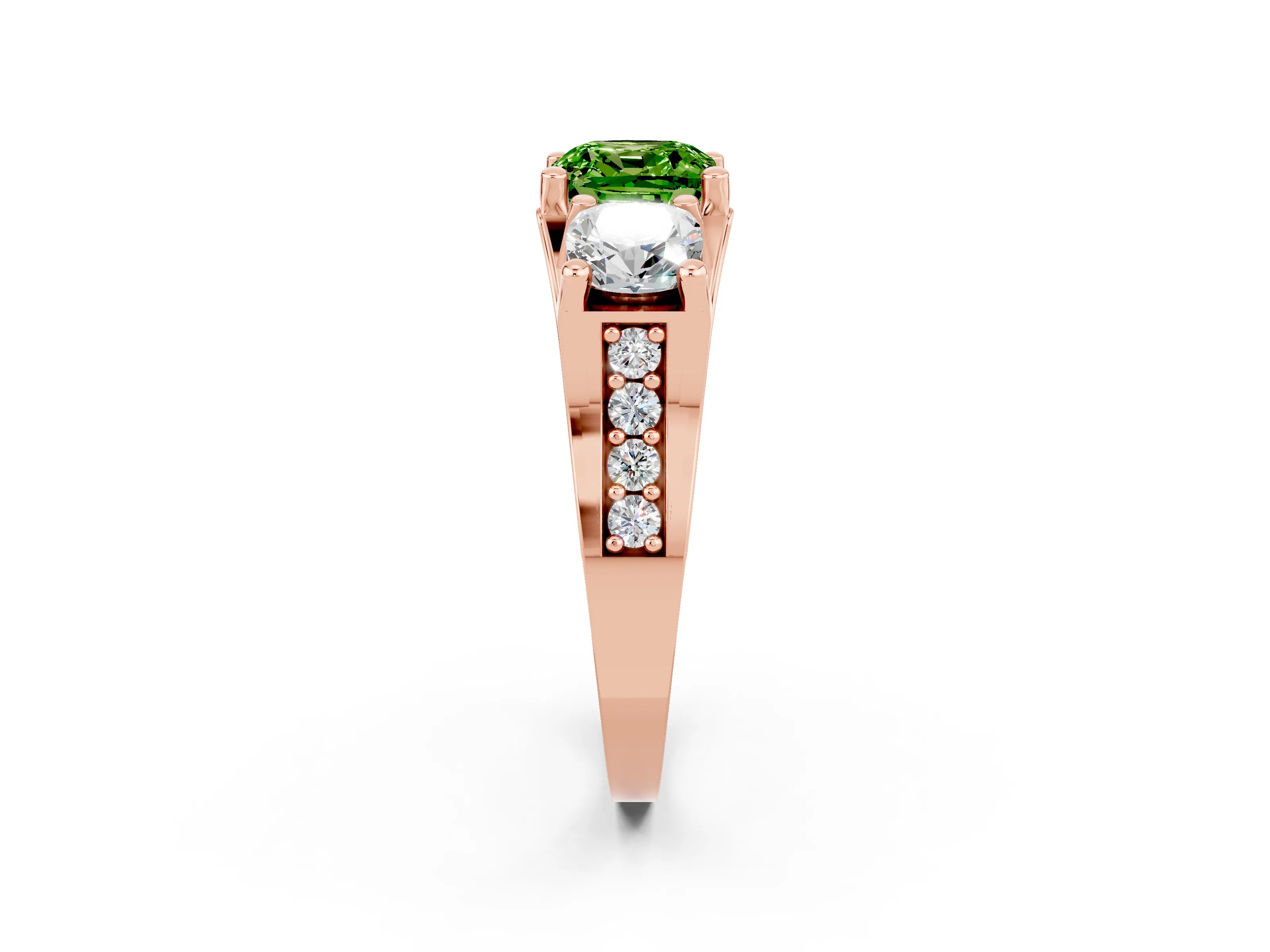 Rose gold Cushion Cut Peridot Three-Stone Ring with Channel Set Band and Four-Prong Setting_2