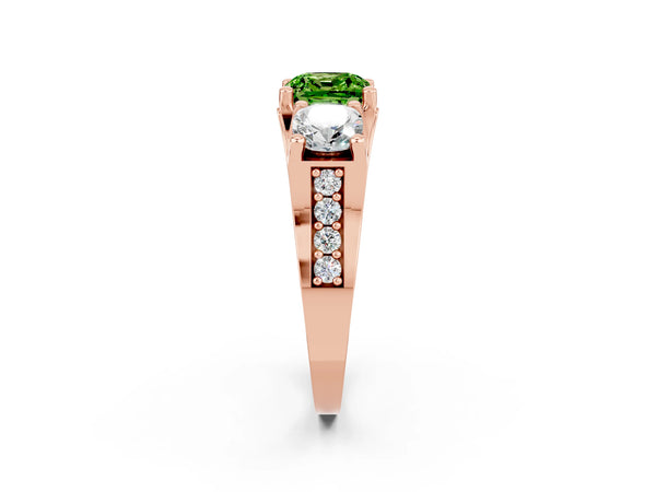 Rose gold Cushion Cut Peridot Three-Stone Ring with Channel Set Band and Four-Prong Setting