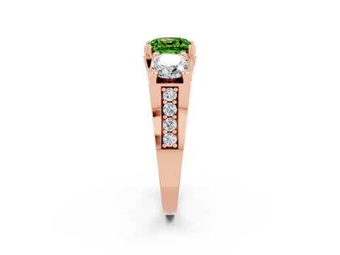 Rose gold Cushion Cut Peridot Three-Stone Ring with Channel Set Band and Four-Prong Setting_2